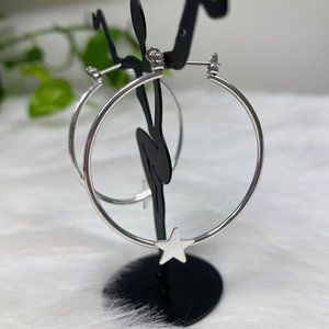 Silver Tone Star Hoop Earrings 1.75" Drop